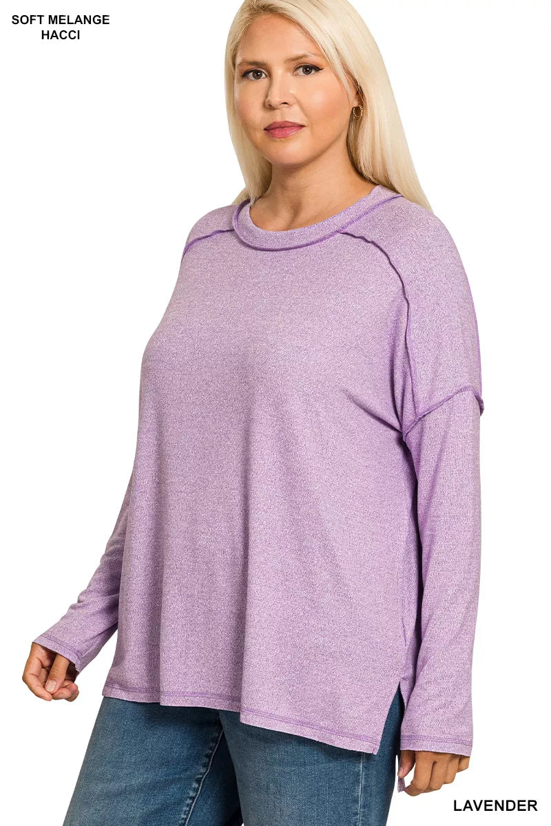 Full Size Melange Hacci Exposed Seam Hi-low Tee Plus Size