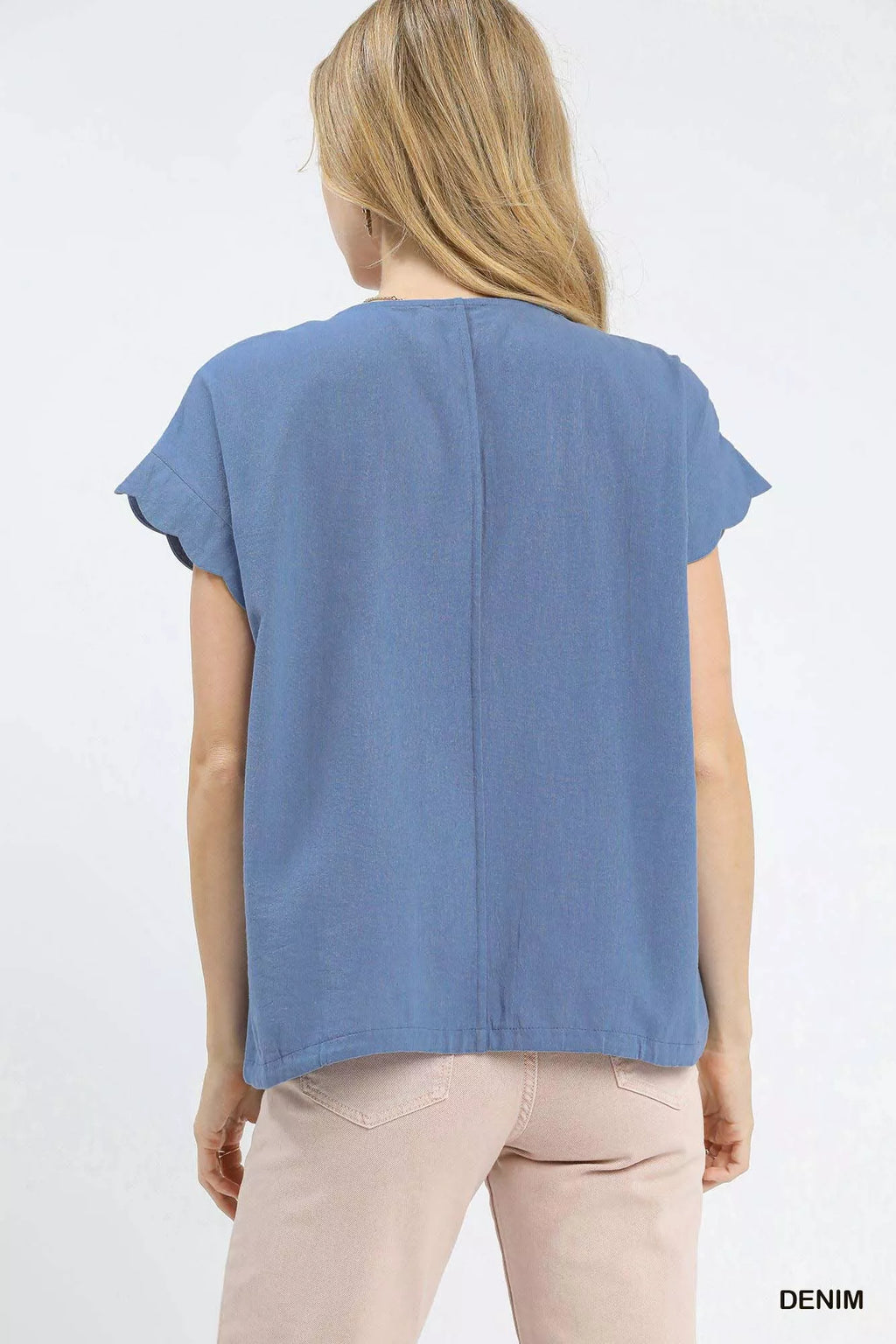 I am a Fashion Junky Embroidered Scallop Sleeve Top with Drawstring Hem