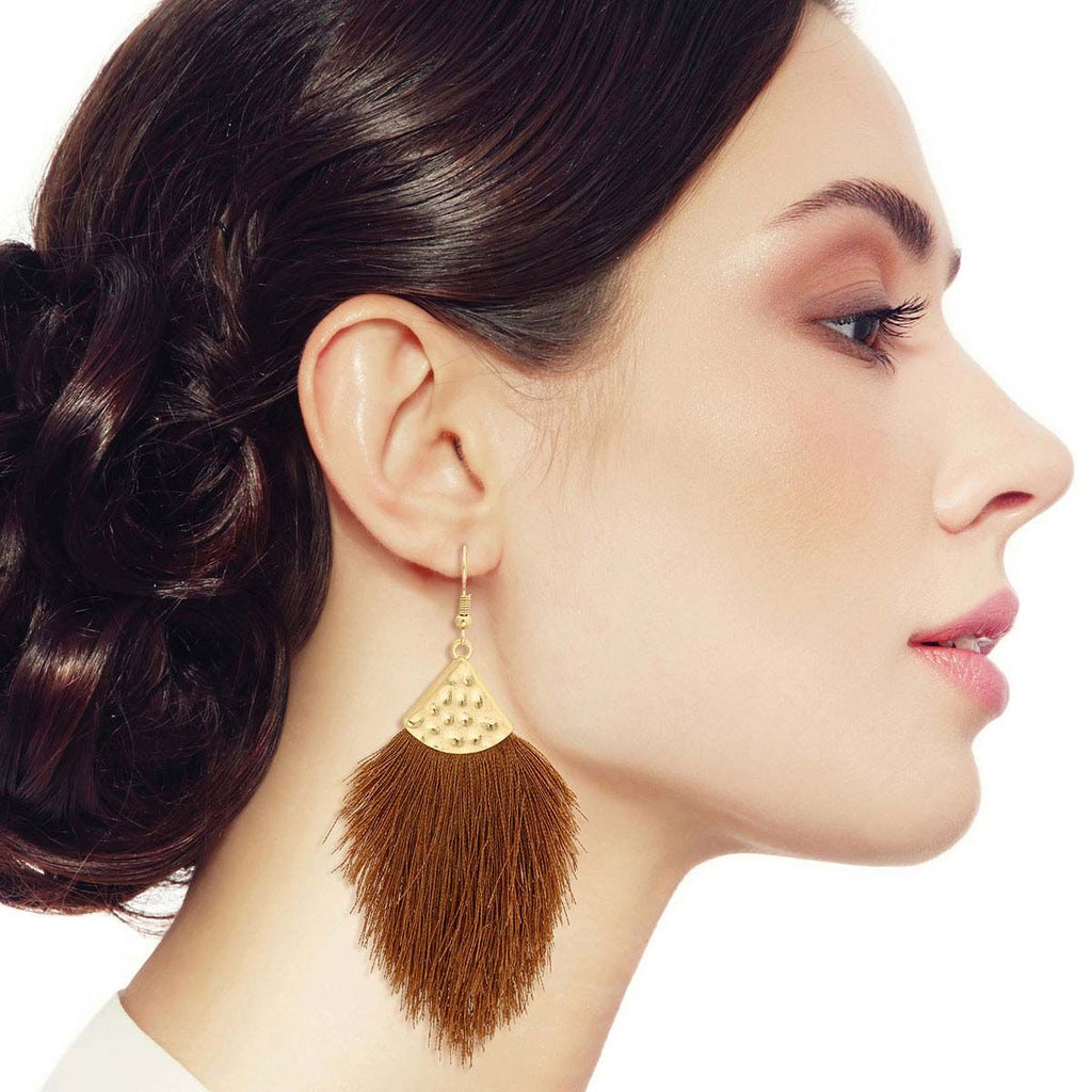 Tassel Fish Hook Earrings Brown Silk Stylish Statement Jewelry