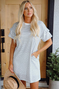 White Stripe Ruffled Short Sleeve Crew Neck T Shirt Shift Mini Dress