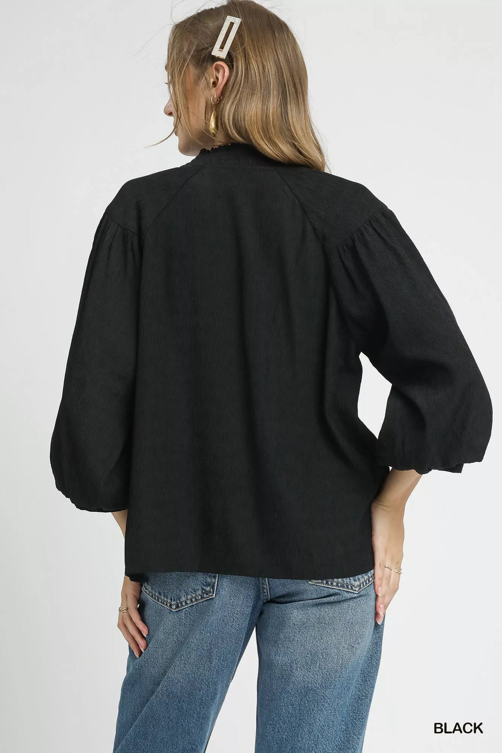 Textured V-Neck Blouse with Balloon Sleeves