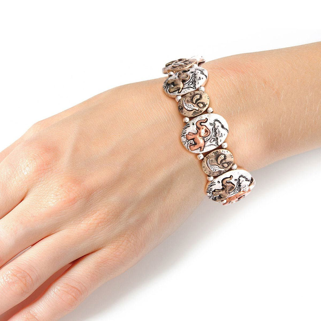 Engraved Mixed Metal Elephant Bracelet Stylish Statement Jewelry