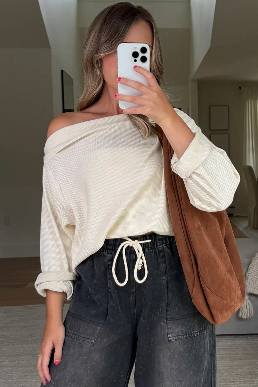 Beige Solid Color Waffle Knit Asymmetric Neck Long Sleeve Top