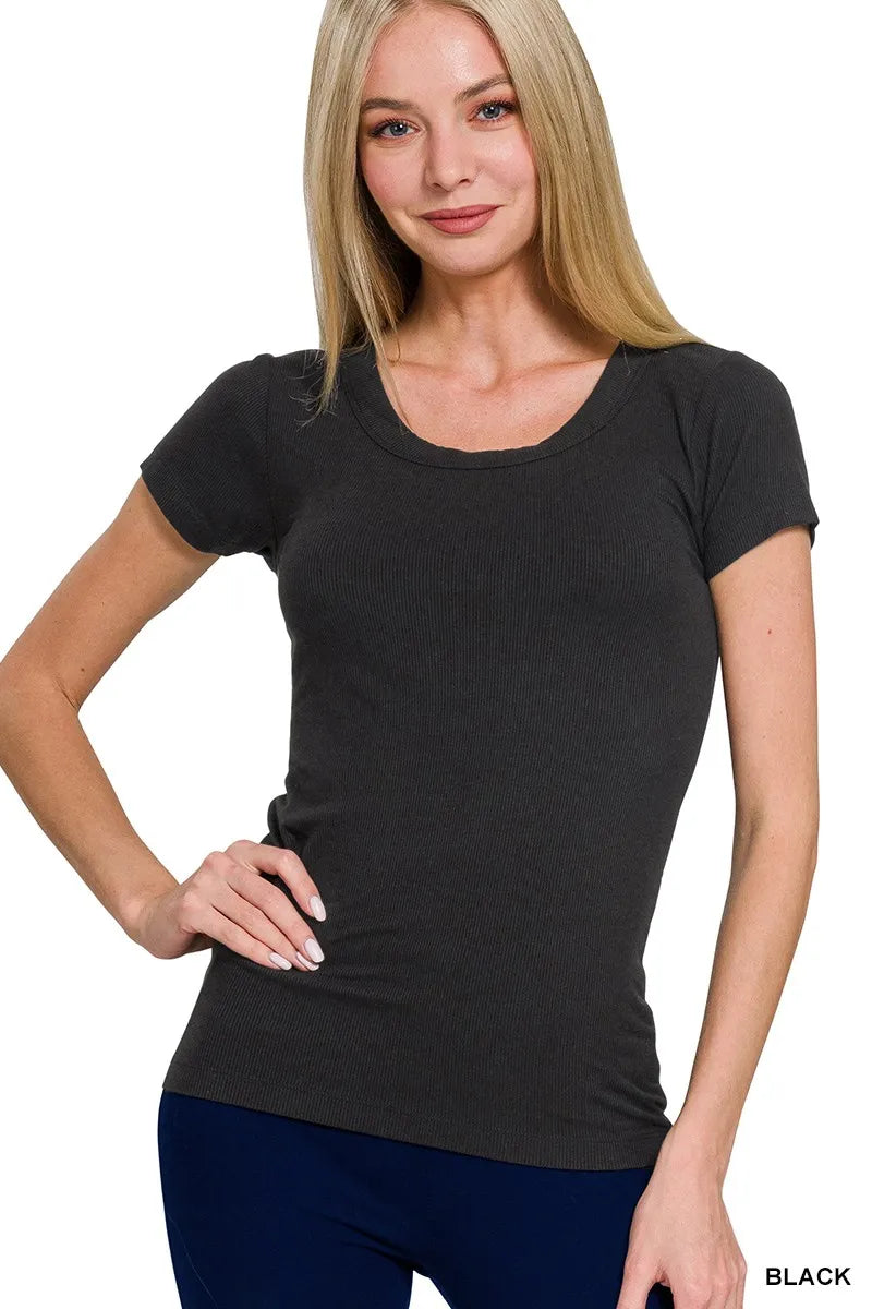 Ribbed Round Neck Short Sleeve T-Shirt