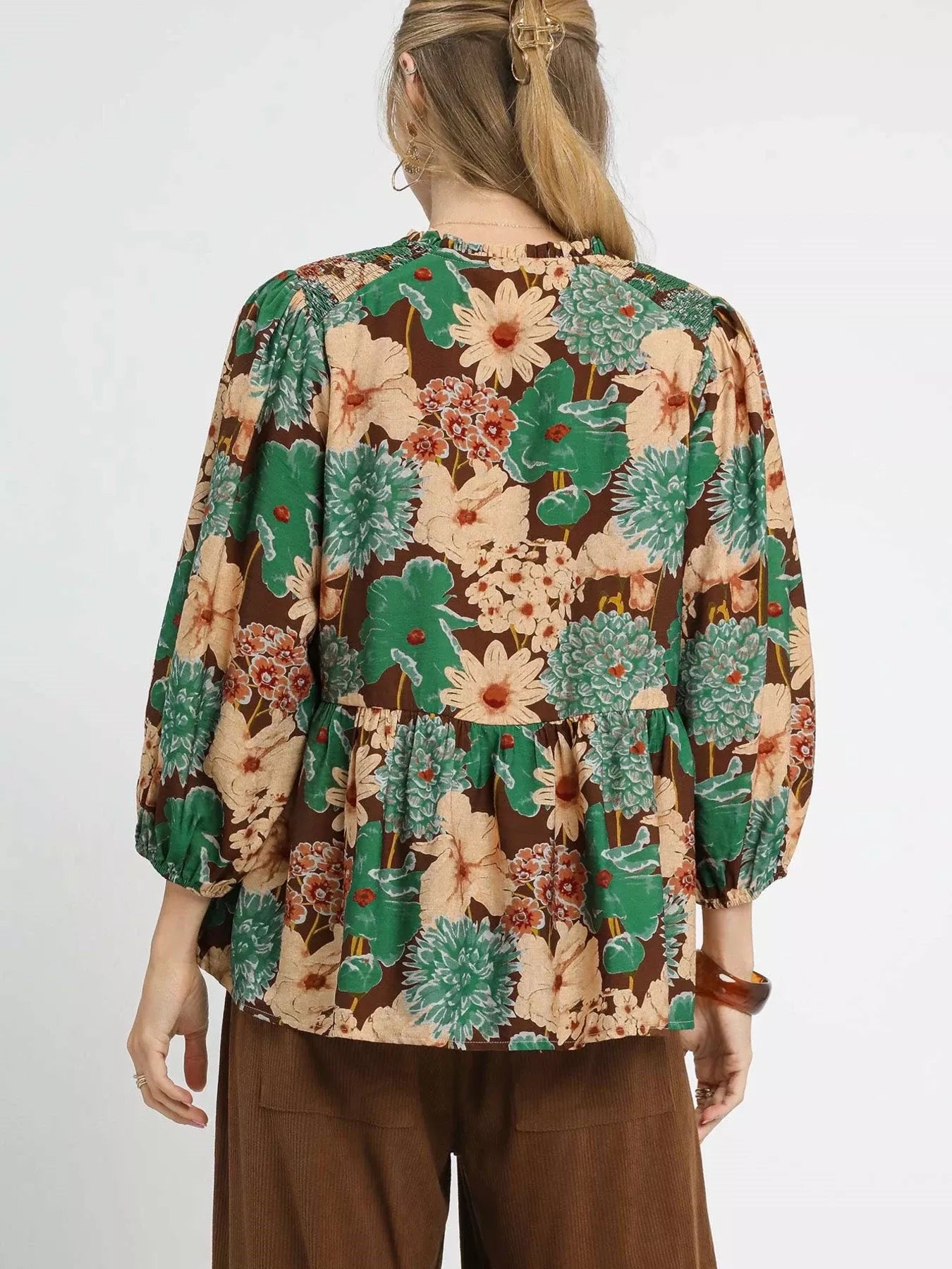 Mix Floral Peplum Blouse with Tie Neck