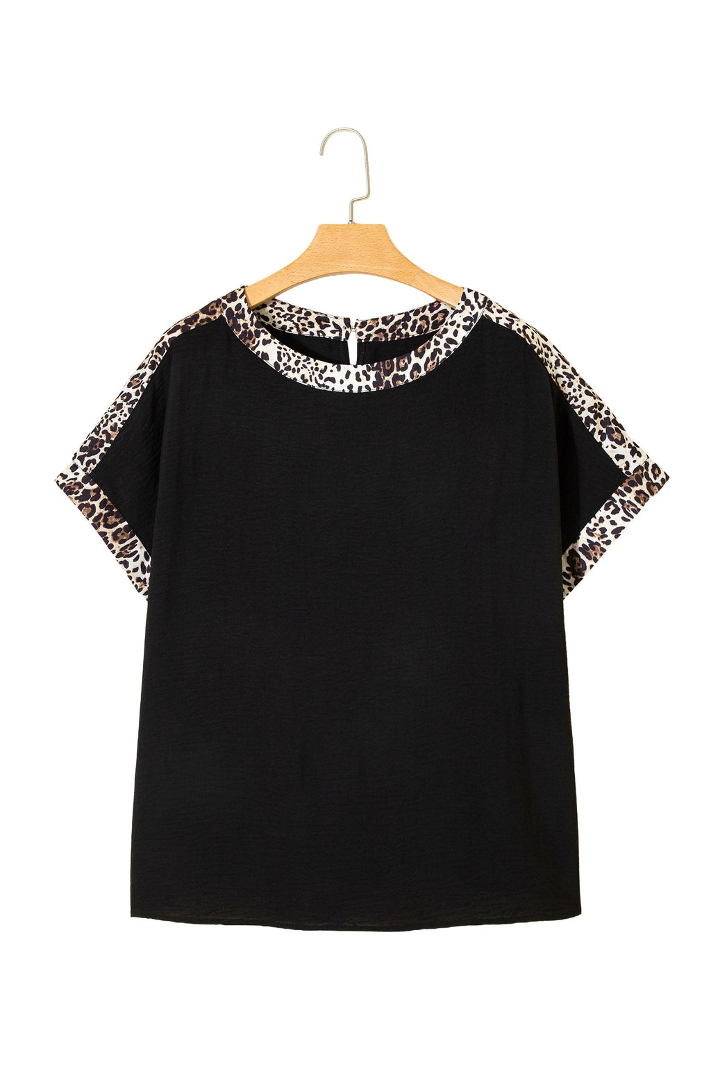 Black Plus Size Leopard Patchwork Round Neck Loose Tee