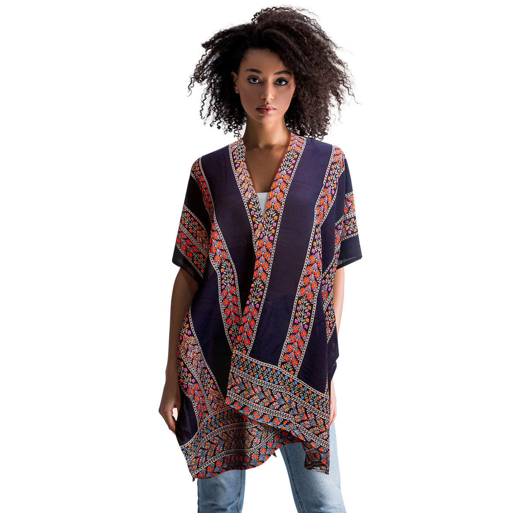 Women’s Navy Turkish Print Kimono Stylish Casual Layered Jacket