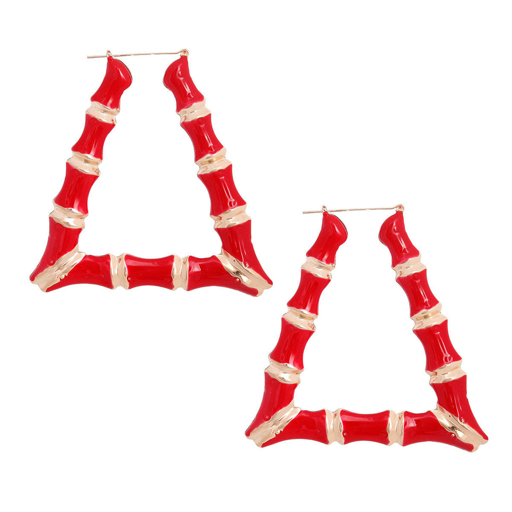 Statement Bamboo Hoop Earrings Red Trapezoid Stylish Jewelry