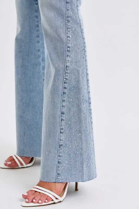 Full Size Mid Rise Rhinestone Side Panel Detail Flare Jeans Plus Size