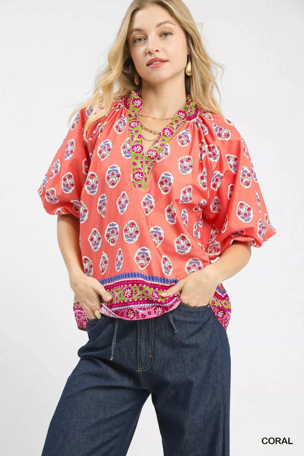 Boho Border Print Peasant Top