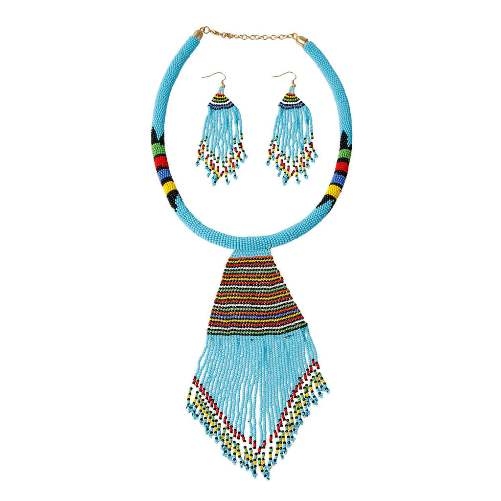 Statement Blue Bead Tassel Necklace Set – Trendy Stylish Jewelry Accessory