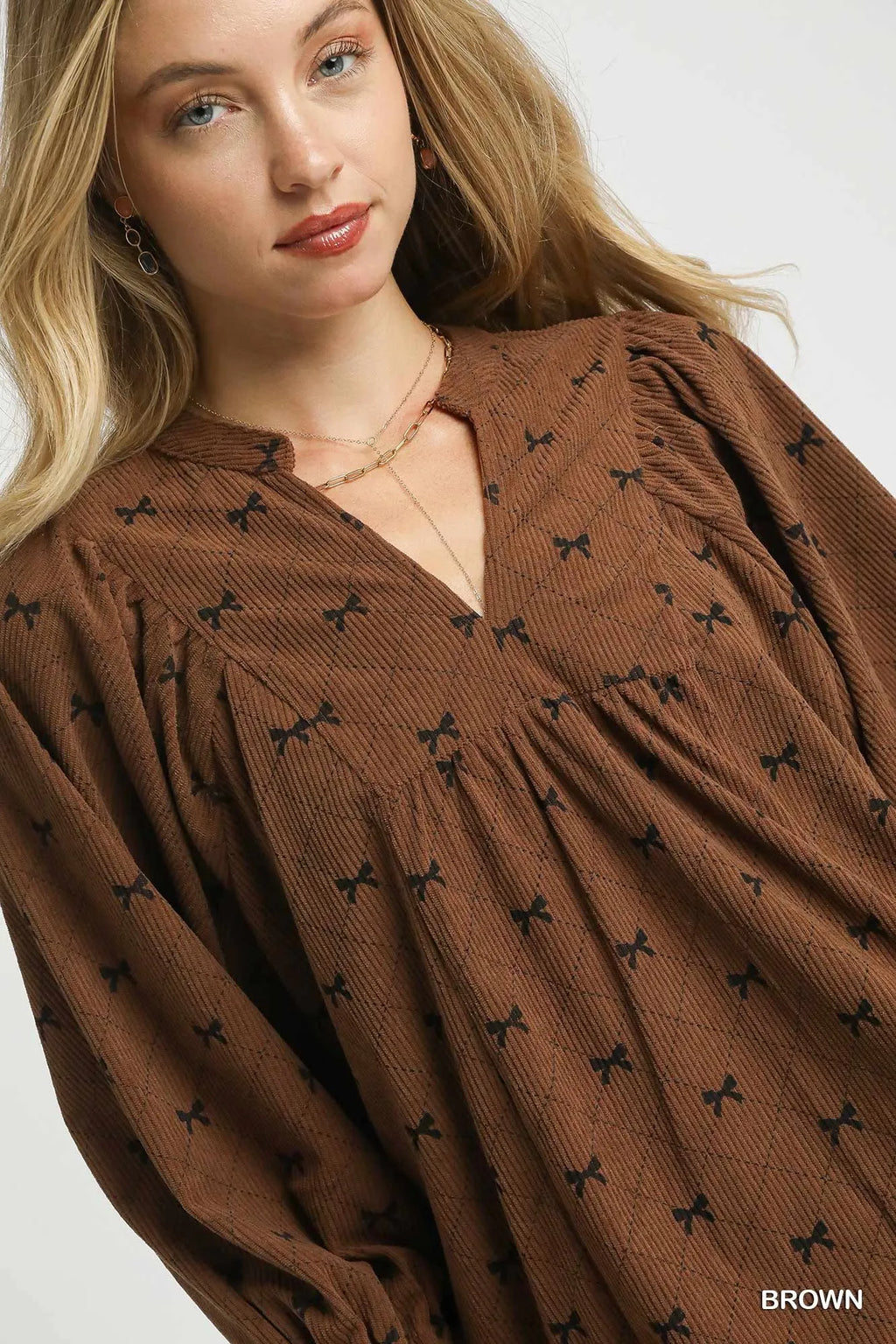 Corduroy Bow Print Balloon Sleeve Blouse