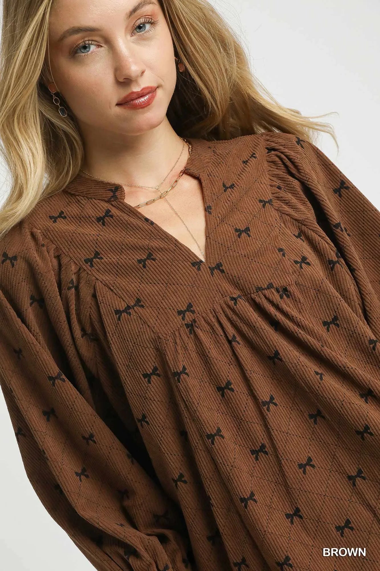 Corduroy Bow Print Balloon Sleeve Blouse