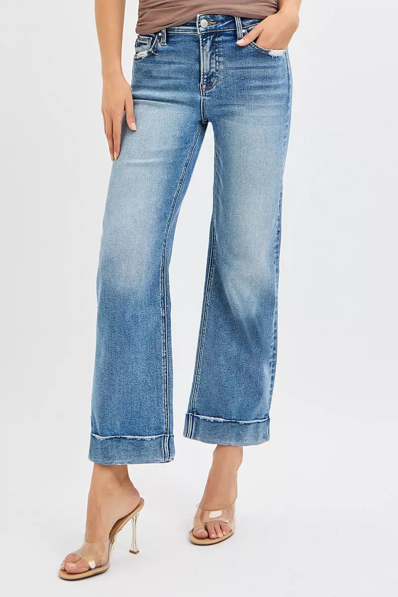 Full Size Mid Rise Crop Straight Jeans with Taylor Cuffed Plus Size