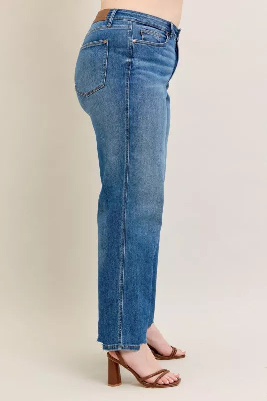 Full Size High Waist Tummy Control Chew Hem Destroy Wide Jeans Plus Size