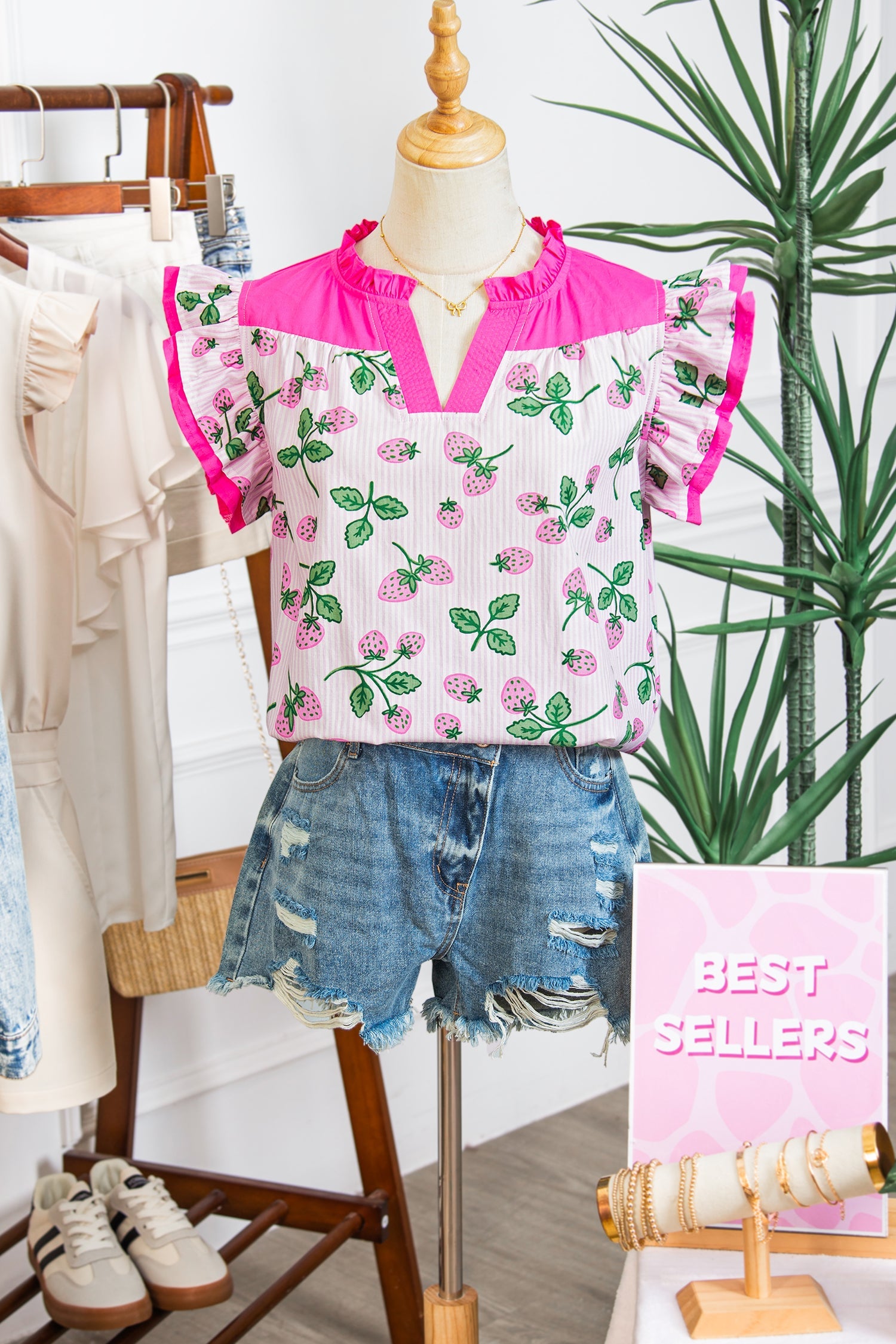 Pink Striped Strawberry Printed Color Block Patchwork V Neck Flutter Sleeve Blouse