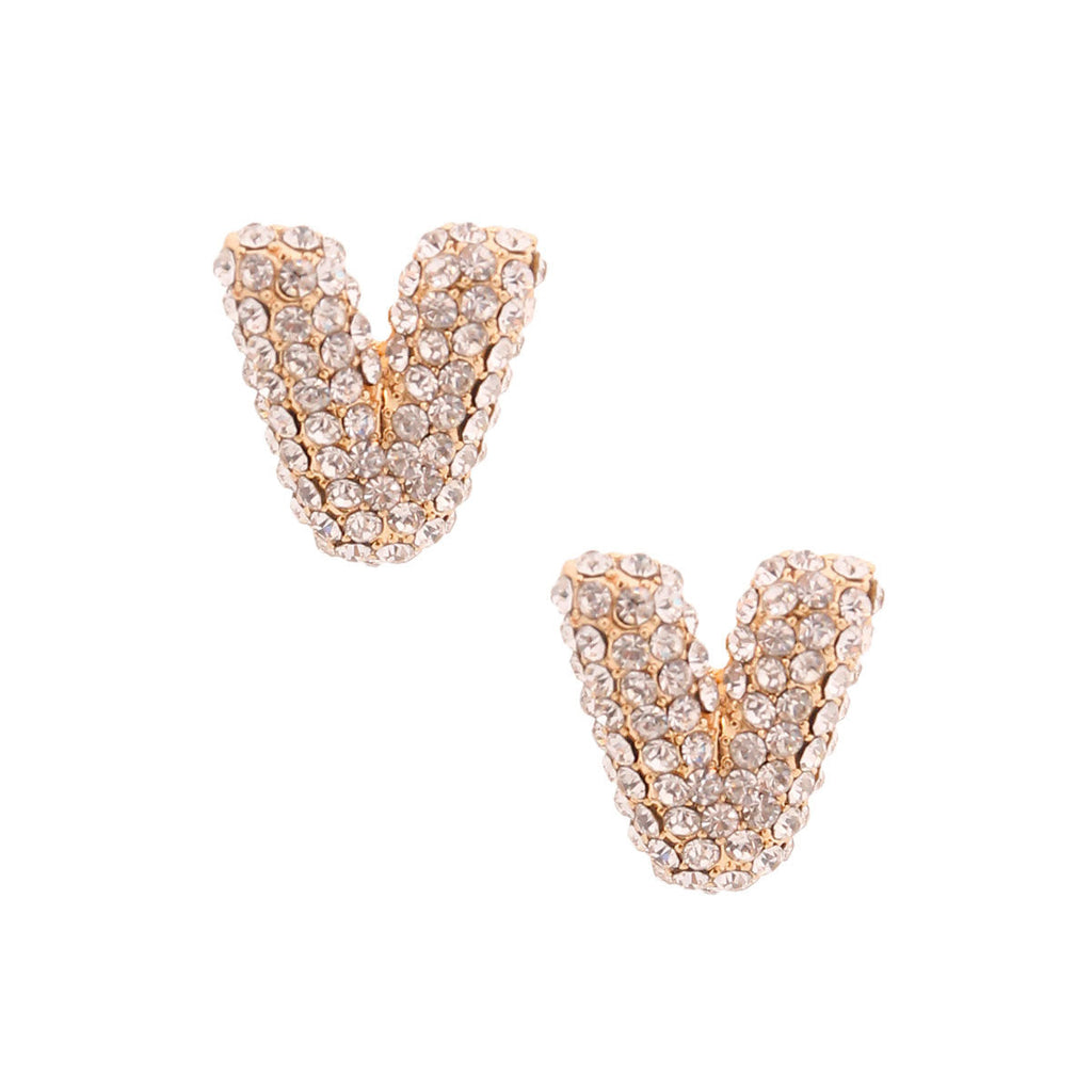 Gold V Rhinestone Stud Earrings Stylish Chic Fashion Jewelry