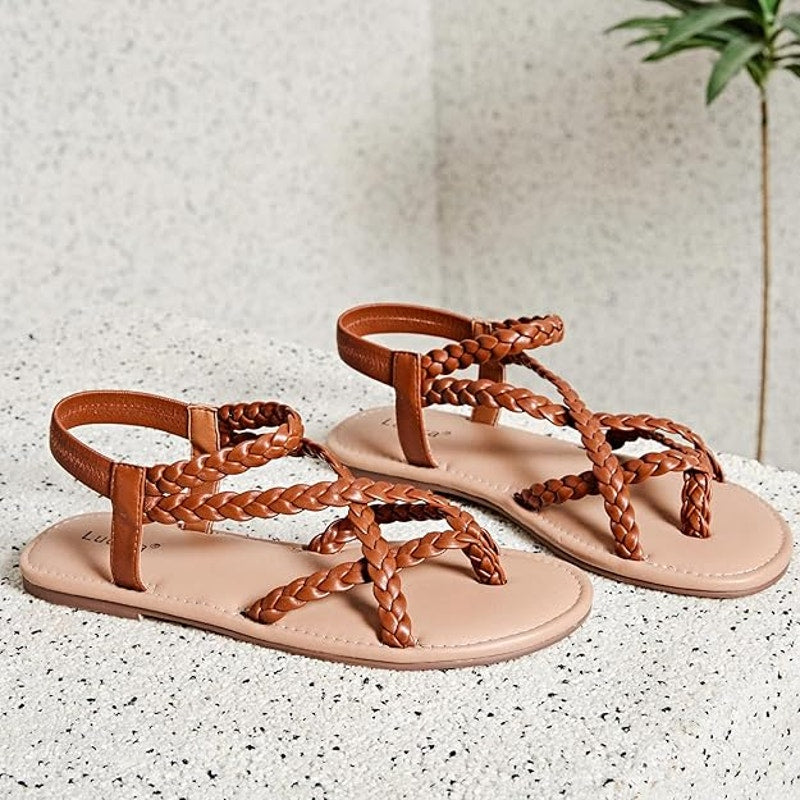 New Luoika Womens 8.5W Wide Brown Braided Strap Opent Toe Flat Sandals Shoes
