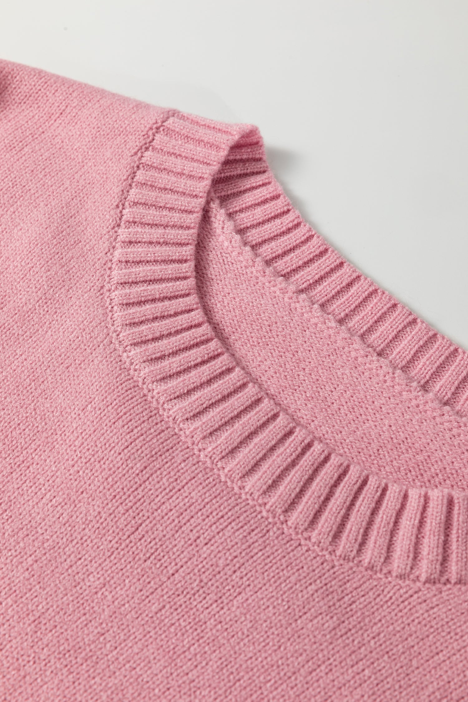 Light Pink Plaid Heart Embroidered Cuffed Drop Shoulder Crew Neck Sweater