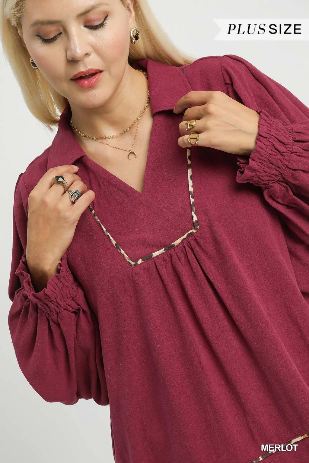 Full Size Linen Scallop Hem Blouse with Contrast Trim Plus Size