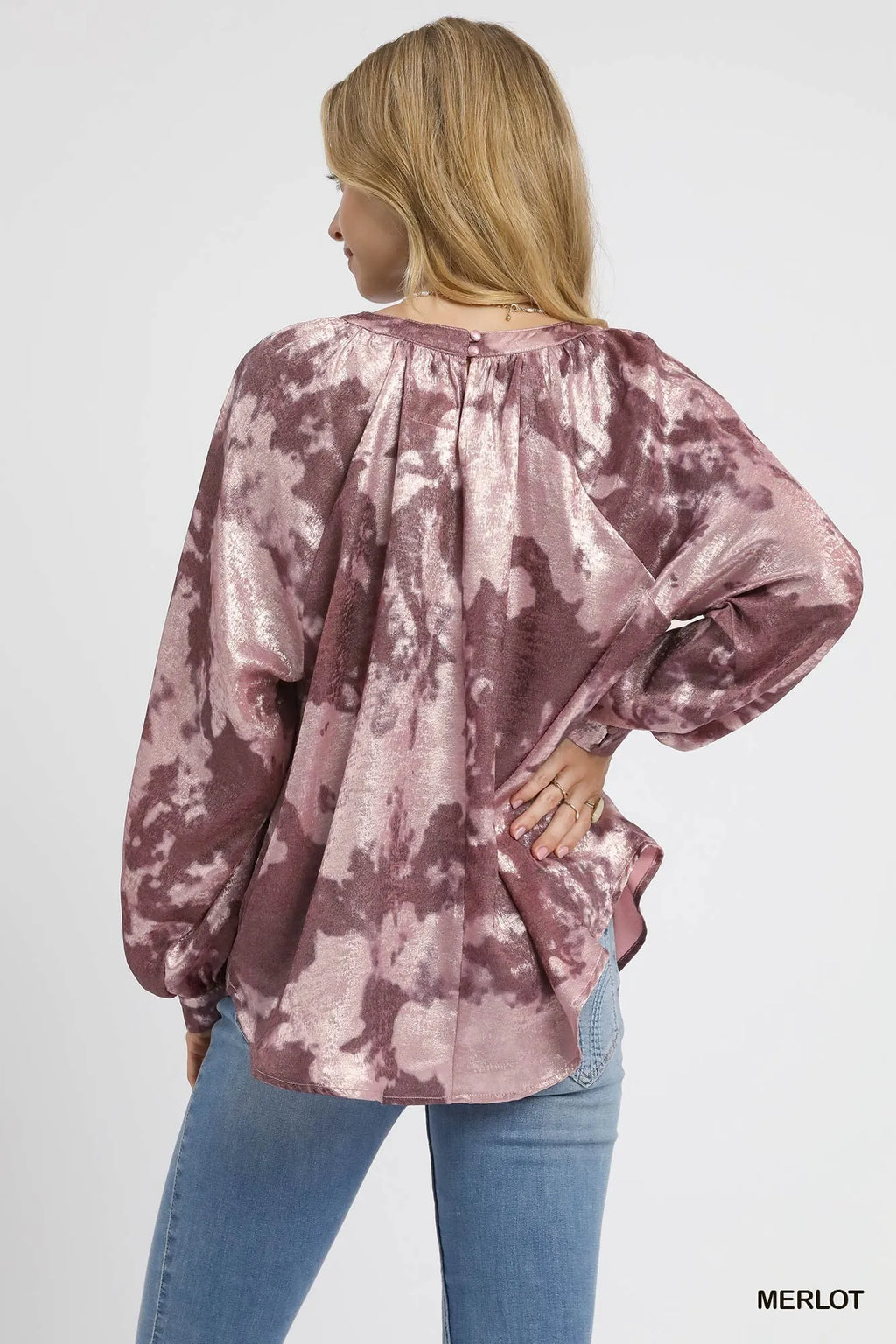 Metallic Fabric Blouse with Balloon Sleeves