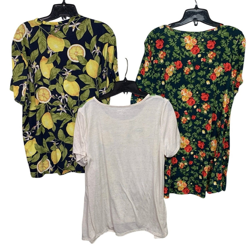 Lot of 3 Lularoe Kim Rogers Womens Large Short Sleeve Floral Lemon Long Shirts