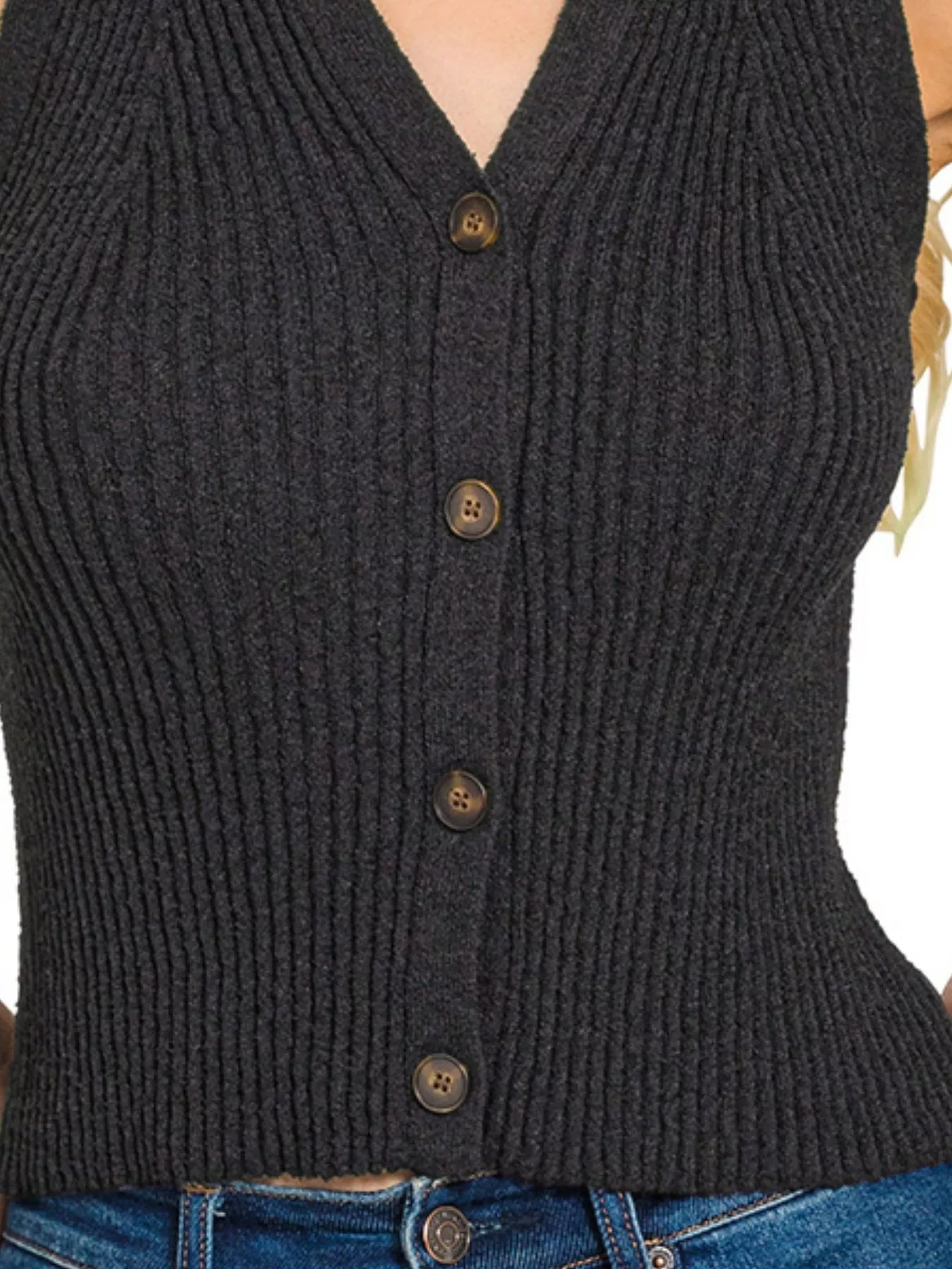 Ribbed Knit Button-Down Sweater Vest