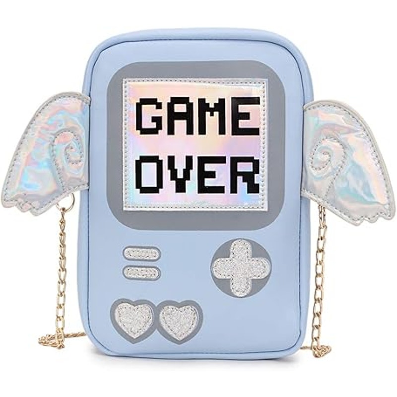Engoinin Game Over Gamer Themed Blue Rainbow Wings Chain Crossbody Bag Purse