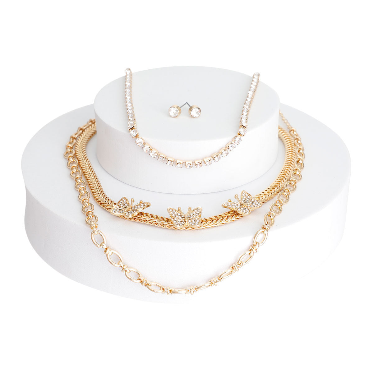 Statement Layered Gold Rhinestone Butterfly 3Pc Chain Set