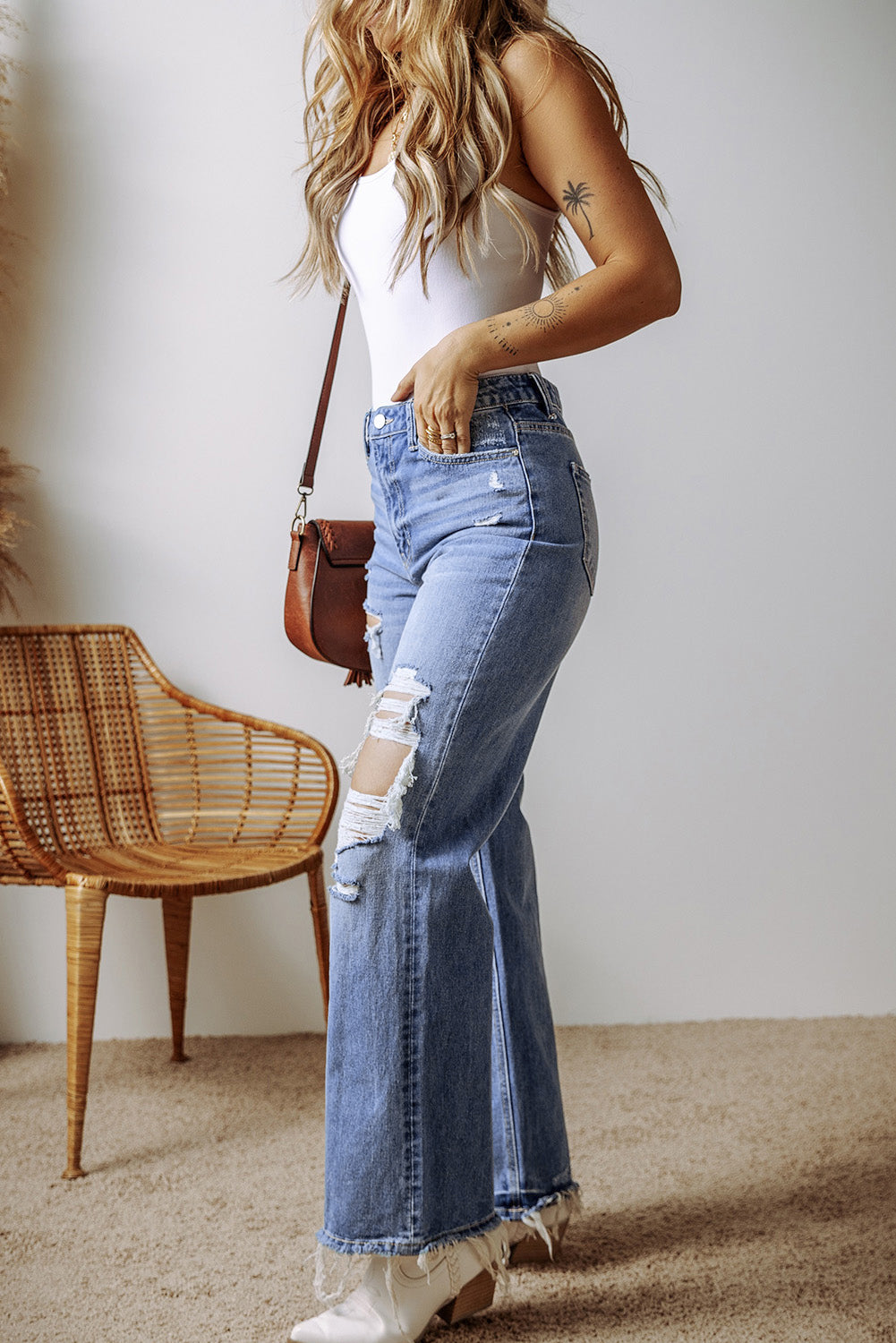 Distressed Raw Hem Straight Leg High Waist Jeans