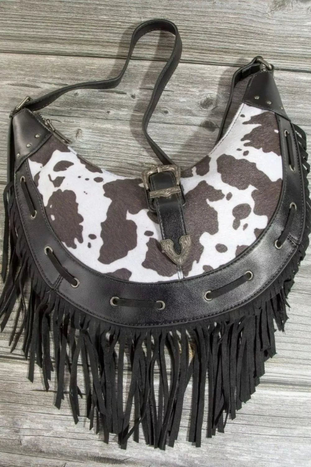 Cow Print Faux Leather Fringe Hobo Bag