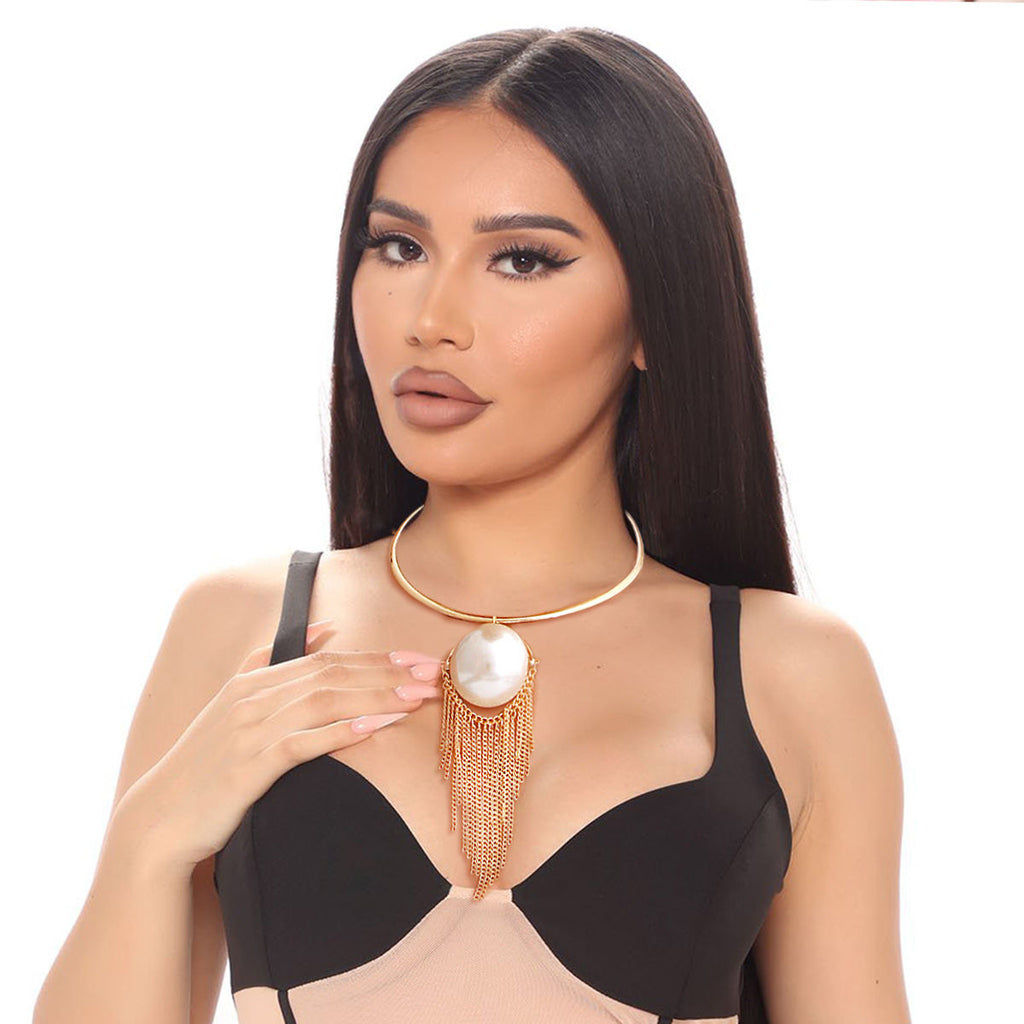 Statement Jumbo Pearl Necklace with Gold Rigid Collar, Stylish and Elegant
