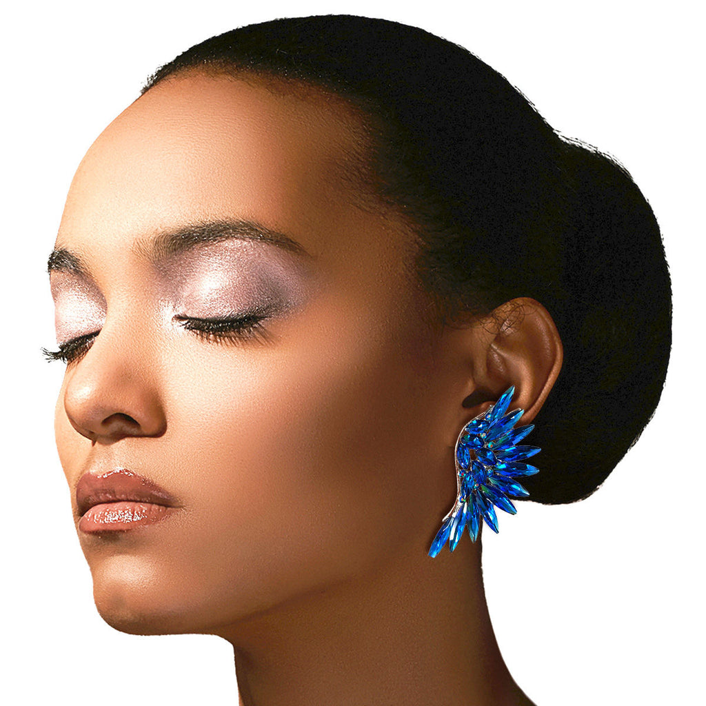 Rhinestone Wing Clip-On Earrings Royal Blue Stylish Statement Jewelry