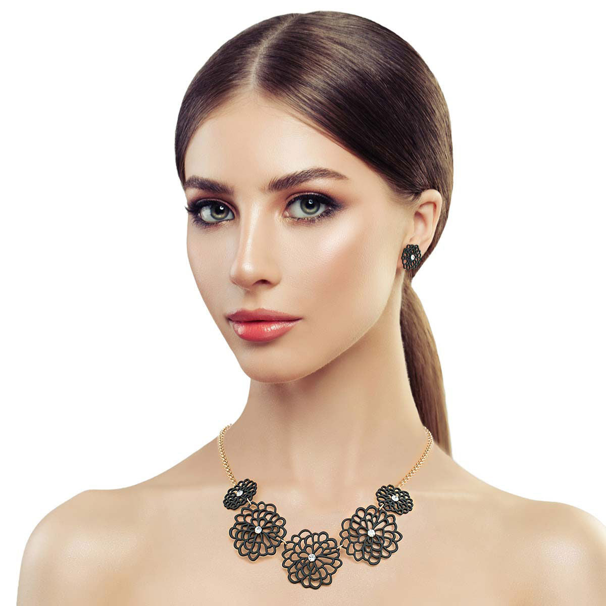 Statement Necklace Black Matte Metal Cut Out Flower Stylish Chic Jewelry