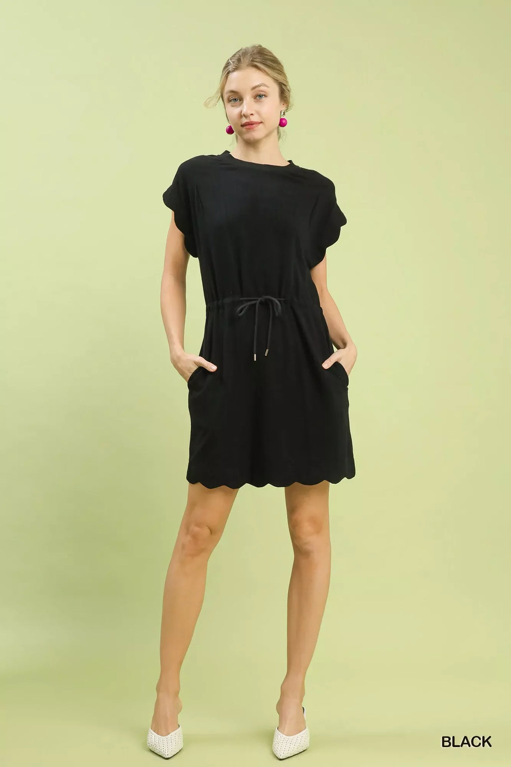 Linen Blend Scallop Hem Mini Dress