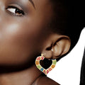 Statement Bamboo Hoop Earrings with Multi Color Bling Heart Detail