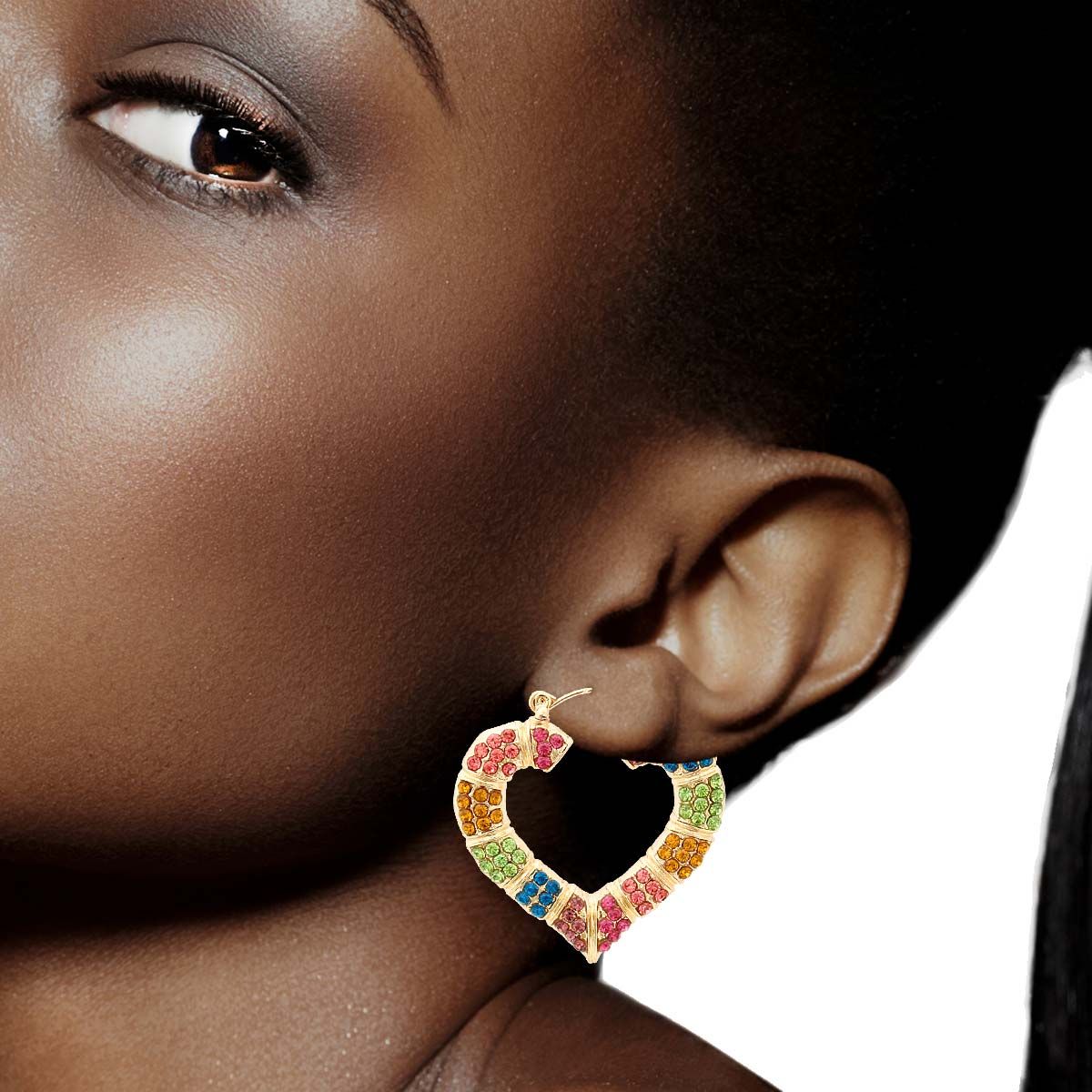 Statement Bamboo Hoop Earrings with Multi Color Bling Heart Detail