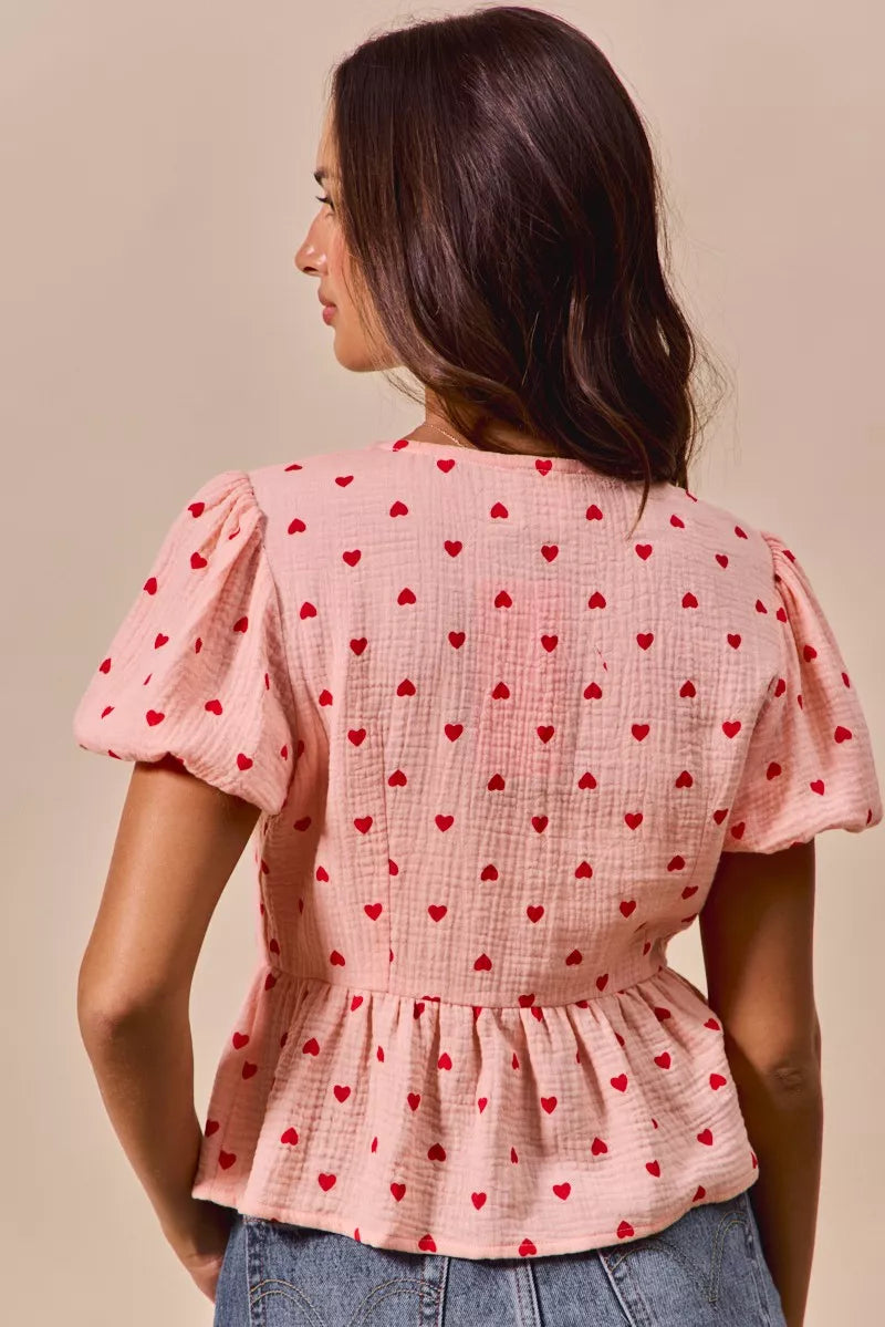 All Over Heart Ribbon Tie Baby Doll Valentine Blouse