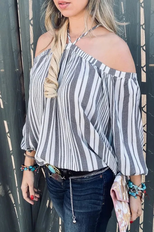 Stripe Printed Cold Shoulder Halter Neck Top