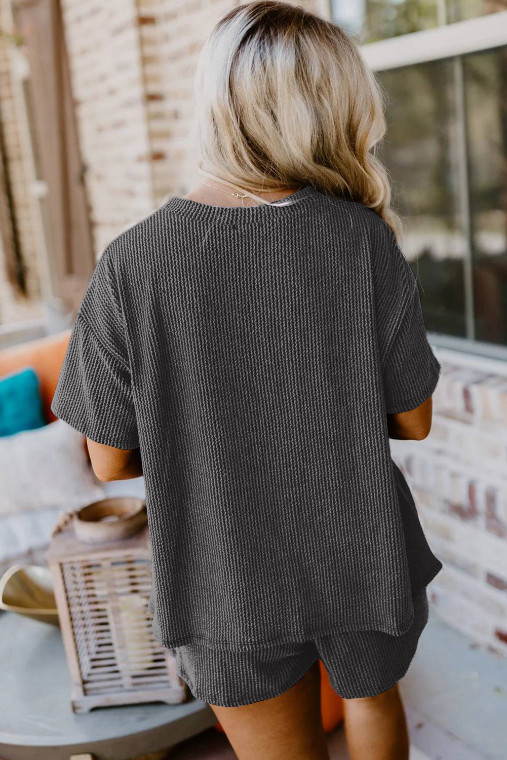 Carbon Grey Sequin Crawfish Food Print Textured Tee and Short Set