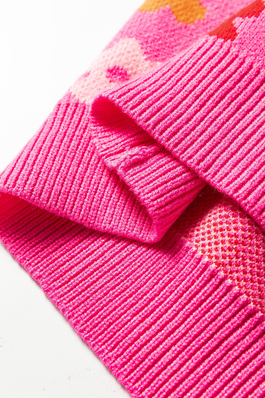 Rose Cute Flower Allover Ribbed Trimmed Drop Shoulder Pullover Sweater