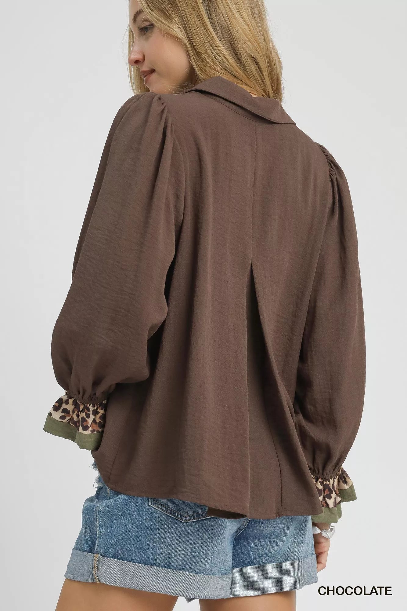 Half Button Blouse with Leopard Print Trim