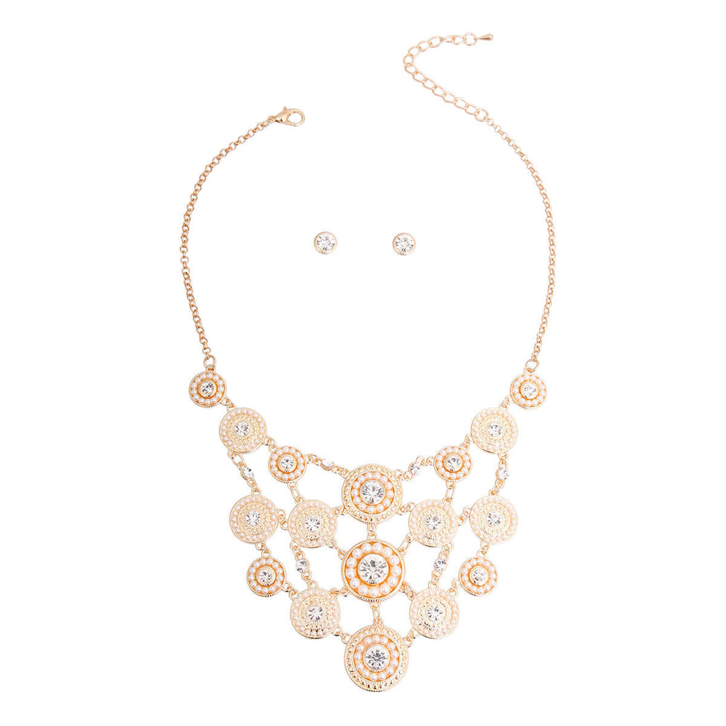 Statement Bib Necklace Set with Cream Pearls and Stones