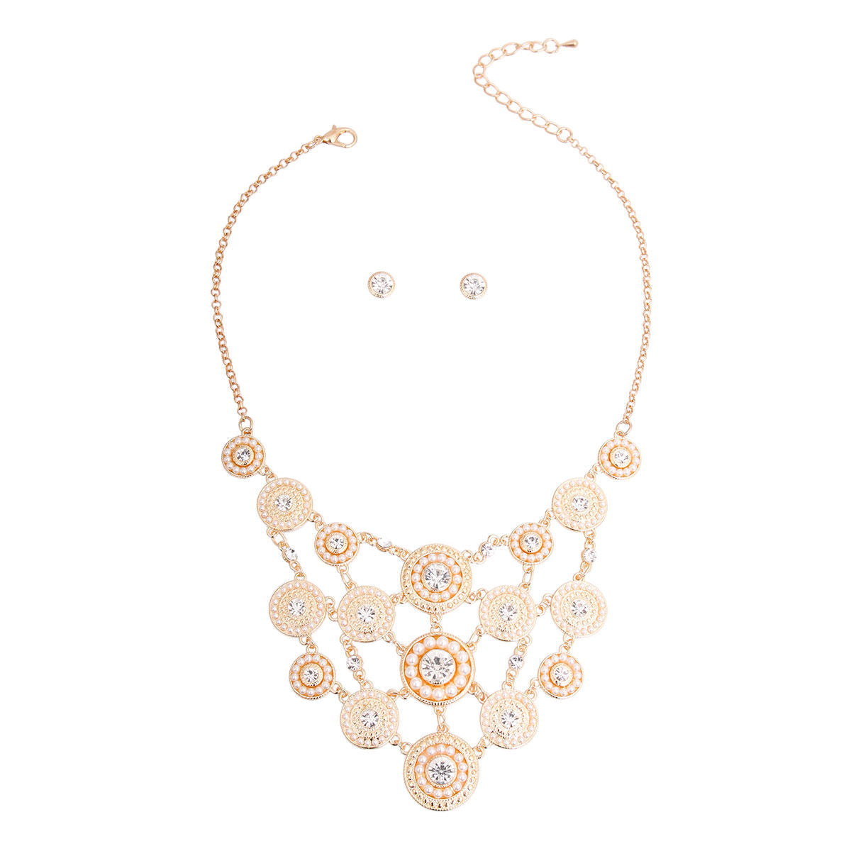 Statement Bib Necklace Set with Cream Pearls and Stones