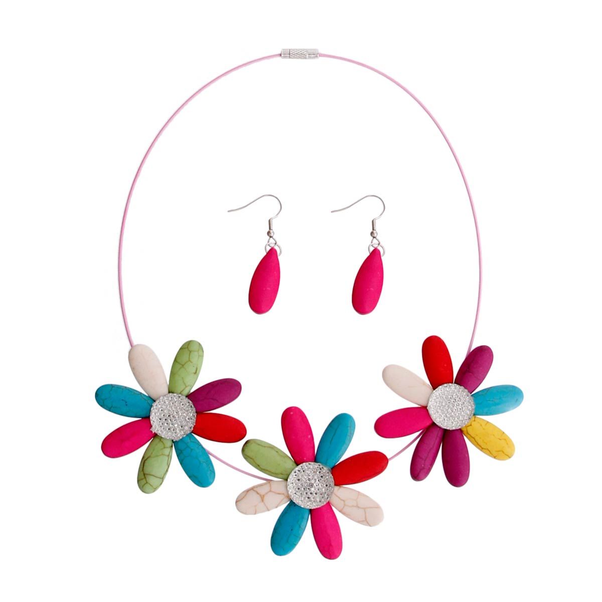 Statement Triple Flower Wire Collar Necklace Multi Color Stylish Chic