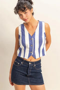 Woven Striped V-Neck Button Down Vest
