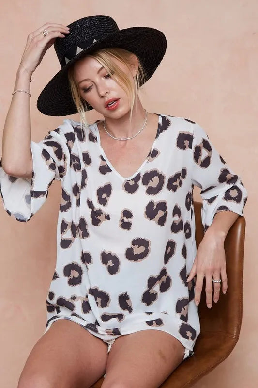 Leopard Printed V Neck Woven Top with Ruffled
