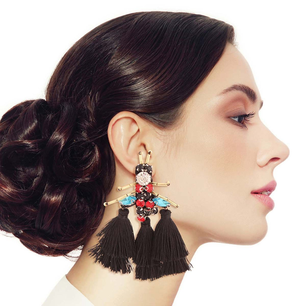 Statement Earrings Black Bee Rhinestone Tassel Fashion Jewelry