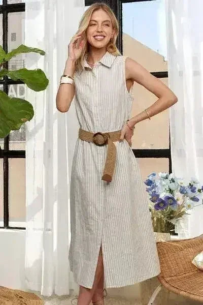 ADORA Striped Button Down Sleeveless Midi Dress