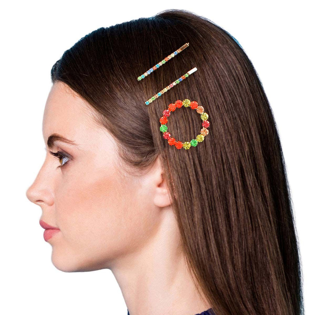Hair Pin Set 3 Pcs Gold Circle Multi Rhinestone Stylish Accessories